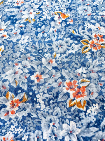 Vintage Fabric 1980s Soft Drape Rayon w/ Muted Blue Floral Salmon Flower 88cm Wide