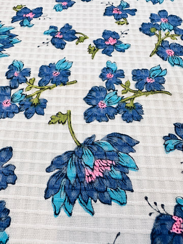 Vintage Fabric 1970s Fancy Weave Cotton w/ Small Retro Blue Pink Floral on White 88cm Wide