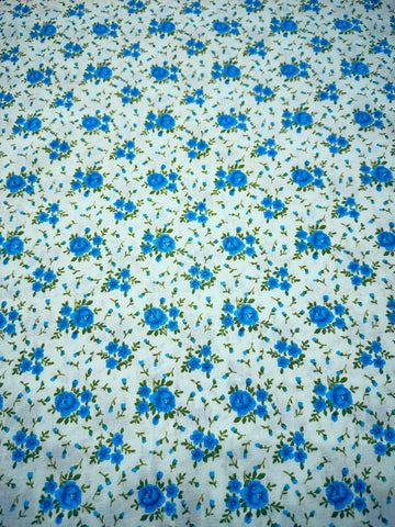 Vintage Fabric 1970s Pale Blue Cotton w/ Blue Green All Over Floral 84cm Wide