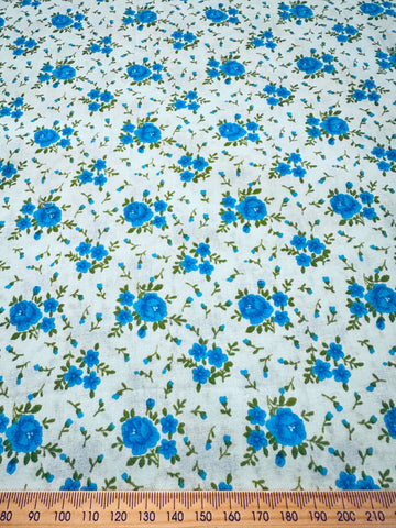 Vintage Fabric 1970s Pale Blue Cotton w/ Blue Green All Over Floral 84cm Wide