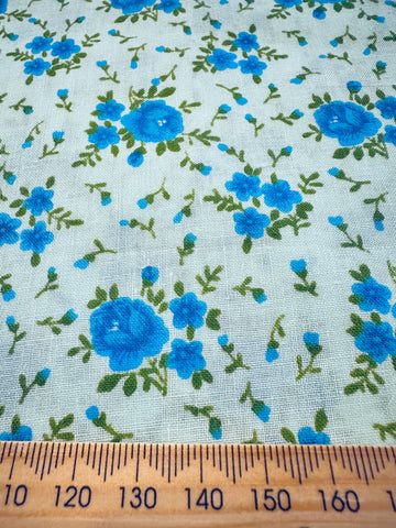 Vintage Fabric 1970s Pale Blue Cotton w/ Blue Green All Over Floral 84cm Wide