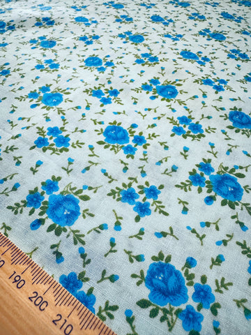 Vintage Fabric 1970s Pale Blue Cotton w/ Blue Green All Over Floral 84cm Wide