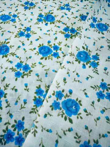 Vintage Fabric 1970s Pale Blue Cotton w/ Blue Green All Over Floral 84cm Wide
