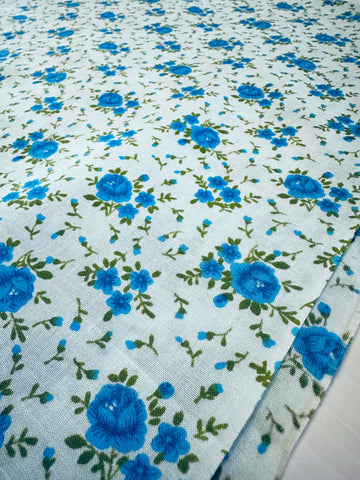 Vintage Fabric 1970s Pale Blue Cotton w/ Blue Green All Over Floral 84cm Wide