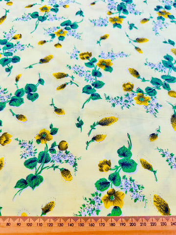 Vintage Fabric 1950s 60s Crispy Light Weight Lemon Cotton w/ Yellow Flowers 88cm Wide
