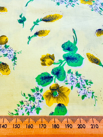 Vintage Fabric 1950s 60s Crispy Light Weight Lemon Cotton w/ Yellow Flowers 88cm Wide