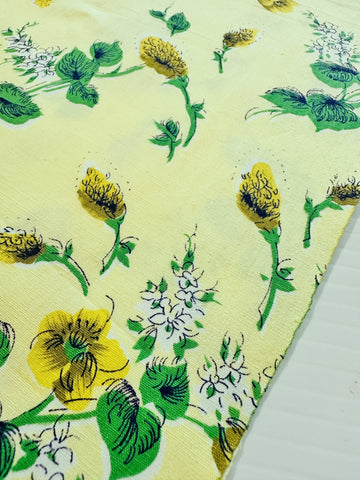 Vintage Fabric 1950s 60s Crispy Light Weight Lemon Cotton w/ Yellow Flowers 88cm Wide