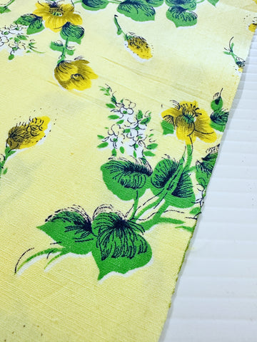 Vintage Fabric 1950s 60s Crispy Light Weight Lemon Cotton w/ Yellow Flowers 88cm Wide