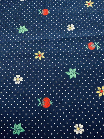 Vintage Fabric 1970s Crispy Light Weight Navy Cotton w/ Small Berries Leaves Flowers & White Dot 88cm Wide