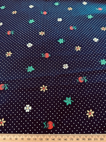 Vintage Fabric 1970s Crispy Light Weight Navy Cotton w/ Small Berries Leaves Flowers & White Dot 88cm Wide