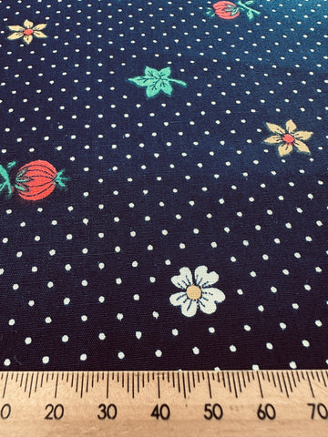 Vintage Fabric 1970s Crispy Light Weight Navy Cotton w/ Small Berries Leaves Flowers & White Dot 88cm Wide