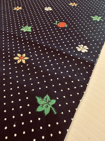 Vintage Fabric 1970s Crispy Light Weight Navy Cotton w/ Small Berries Leaves Flowers & White Dot 88cm Wide