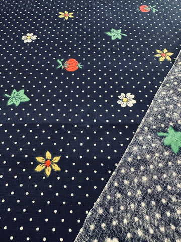 Vintage Fabric 1970s Crispy Light Weight Navy Cotton w/ Small Berries Leaves Flowers & White Dot 88cm Wide
