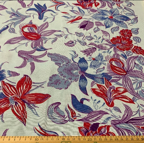 Mid-Century Vintage Fabric 1950s Cotton Pale Blue Floral Border Print 88cm Wide