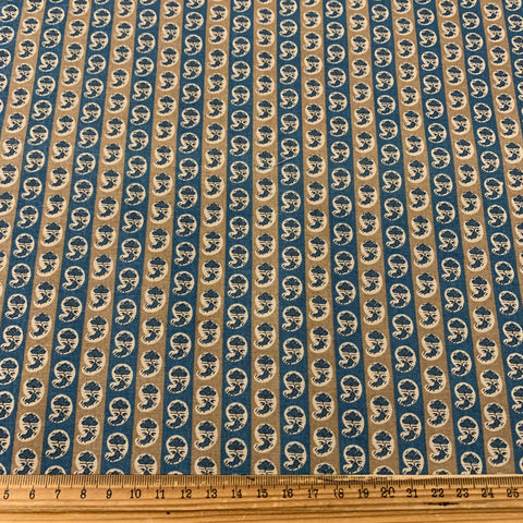 LAST 1/2m: Modern Fabric 1930s Reproduction Quilt Cotton Tiny Paisley Tan Blue