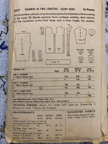 SIZE SMALL PAJAMAS: Butterick circa 1952 chest 34"- 38" *6317