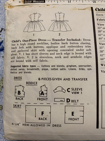 ONE-PIECE DRESS: Simplicity size 4 childs dress w transfer 1960s *4878