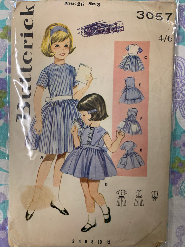 DRESS: Butterick sz 8 girls buttoned dress full skirt 1960s *3057