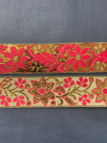 4m LEFT: magnificent vintage 1960s 70s metallic braid trim w/ flowers in gold & pink on silver