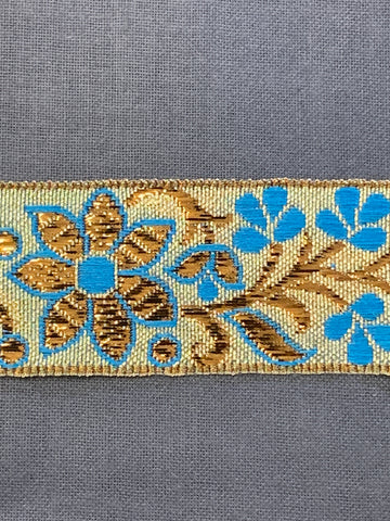 3m LEFT: magnificent vintage 1960s 70s metallic braid trim w/ flowers in gold & blue on silver