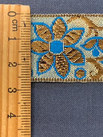 3m LEFT: magnificent vintage 1960s 70s metallic braid trim w/ flowers in gold & blue on silver