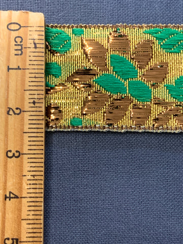 2m LEFT: Vintage Brocade Trim 1960s 70s Metallic w/ Flowers in Gold & Green 25mm Wide