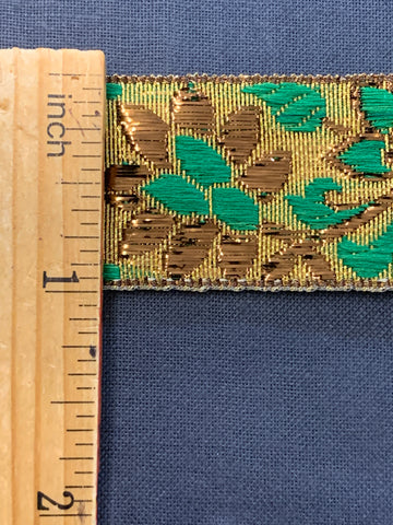 2m LEFT: Vintage Brocade Trim 1960s 70s Metallic w/ Flowers in Gold & Green 25mm Wide