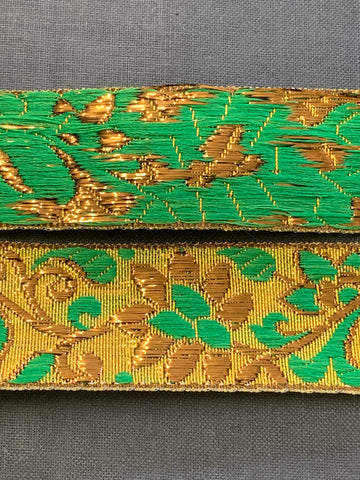 2m LEFT: Vintage Brocade Trim 1960s 70s Metallic w/ Flowers in Gold & Green 25mm Wide