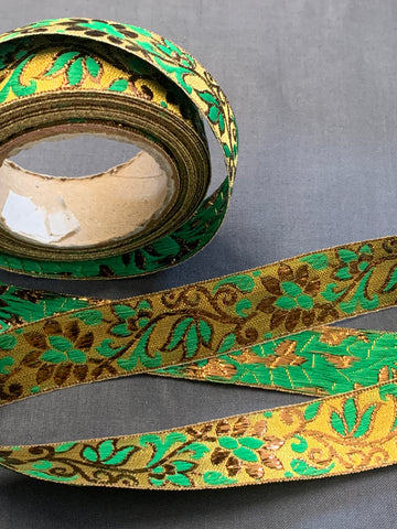 2m LEFT: Vintage Brocade Trim 1960s 70s Metallic w/ Flowers in Gold & Green 25mm Wide