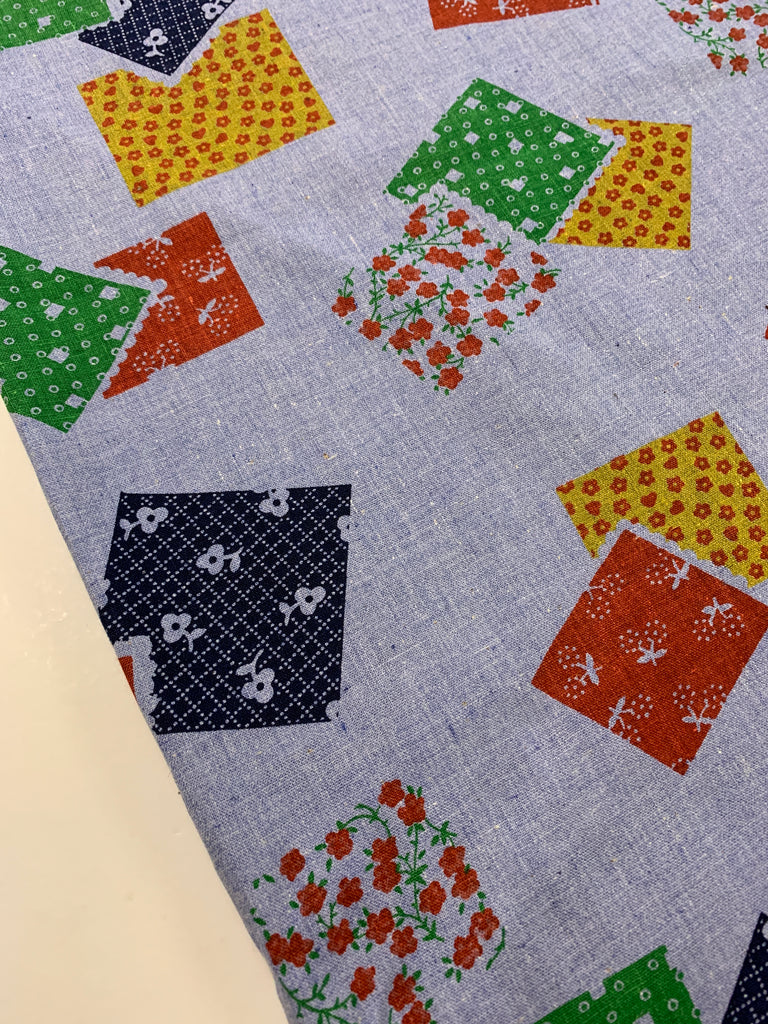 SINGLE FAT QUARTER: Vintage? Modern? Chambray cotton with retro patches