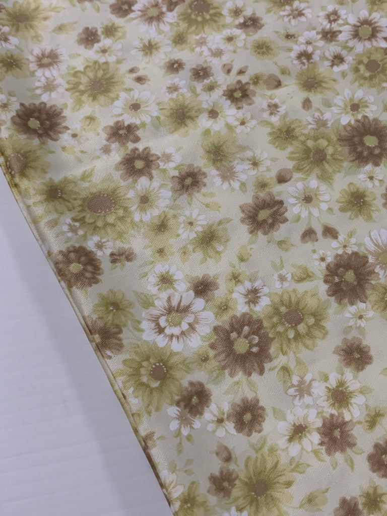 LAST 1/2m: Vintage Fabric 1960s Pale Green Yellow Brown Floral Polished Cotton
