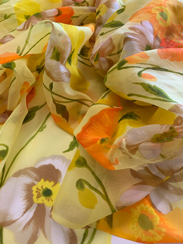 2m LEFT: Beautiful light-as-a-feather sheer 1970s synthetic in orange and yellow