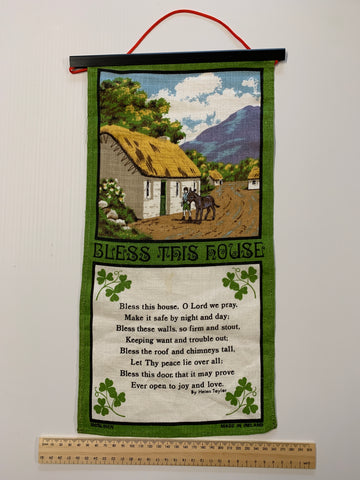 Vintage 'Bless This House' wall hanging Irish linen