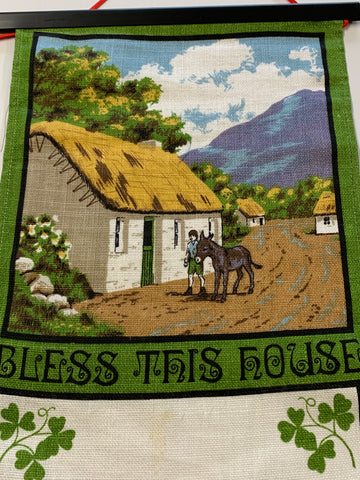 Vintage 'Bless This House' wall hanging Irish linen