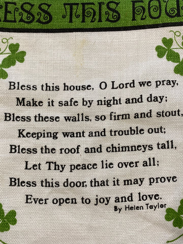 Vintage 'Bless This House' wall hanging Irish linen