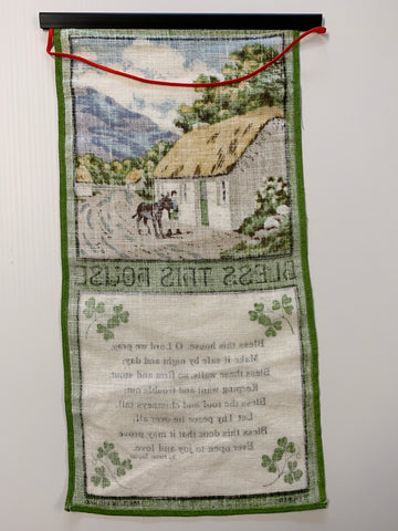 Vintage 'Bless This House' wall hanging Irish linen