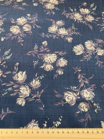LAST 1/2m: Vintage Fabric 1960s 70s Fancy Weave Cotton Rayon on Blue