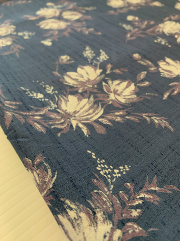 LAST 1/2m: Vintage Fabric 1960s 70s Fancy Weave Cotton Rayon on Blue