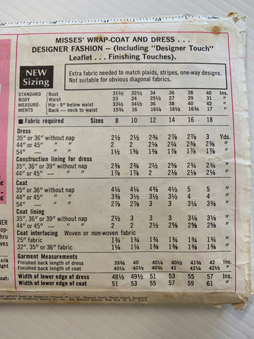 DESIGNER FASHION WRAP-COAT & DRESS: Simplicity 1969  size 12 bust 34 *8096