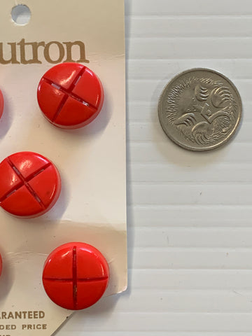 ONE SET ONLY: Vintage red plastic shank buttons 5 x on card