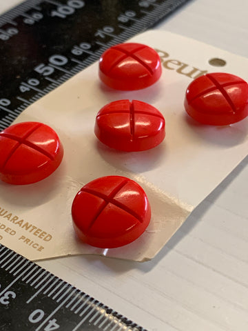 ONE SET ONLY: Vintage red plastic shank buttons 5 x on card