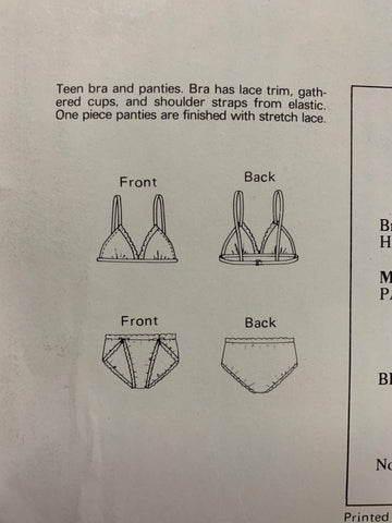 TEEN BRA AND PANTIES: Kwik Sew 1983 size 30"-34" bust uncut *1286
