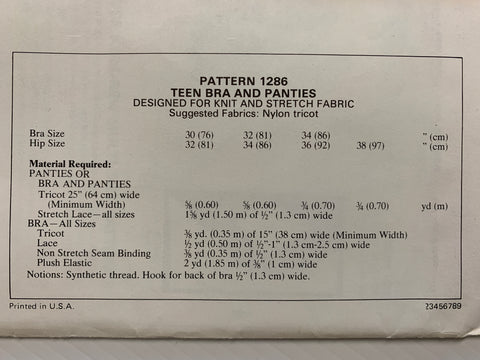 TEEN BRA AND PANTIES: Kwik Sew 1983 size 30"-34" bust uncut *1286