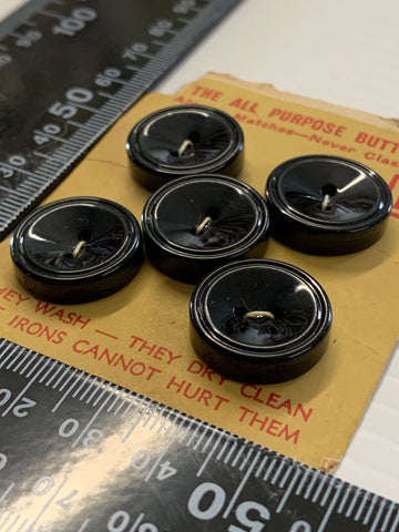 ONE SET ONLY: Vintage 1950s shiny 2-hole jet black plastic buttons 5 x on card