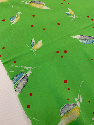 2m LEFT: Mid-80s Extra-Wide Dress Rayon w/ Green Base Red Dots Feathers