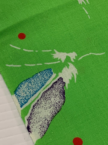 2m LEFT: Mid-80s Extra-Wide Dress Rayon w/ Green Base Red Dots Feathers