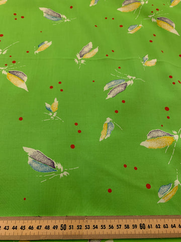 2m LEFT: Mid-80s Extra-Wide Dress Rayon w/ Green Base Red Dots Feathers