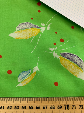 2m LEFT: Mid-80s Extra-Wide Dress Rayon w/ Green Base Red Dots Feathers