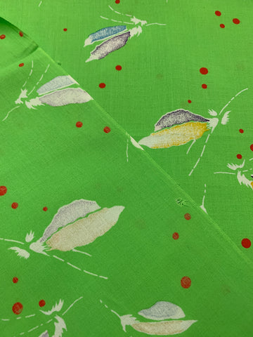 2m LEFT: Mid-80s Extra-Wide Dress Rayon w/ Green Base Red Dots Feathers
