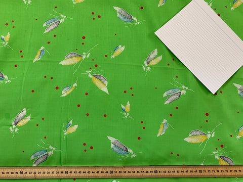 2m LEFT: Mid-80s Extra-Wide Dress Rayon w/ Green Base Red Dots Feathers